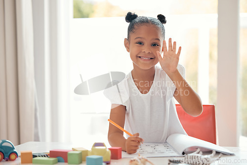 Image of Learning girl, greeting or homeschool education in distance course, math support or internet study in lockdown. Student portrait, smile or happy child counting on hands and writing answer in notebook