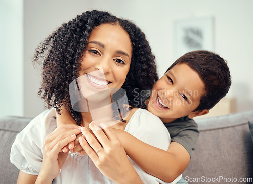 Image of Happy kid hug mom for mothers day, love and care while relaxing together on sofa lounge at home. Portrait of smile parent, playful boy child and happiness while bonding, enjoying quality time and fun