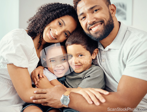 Image of Man, woman and children in family portrait hug and bonding on house living room sofa or home interior furniture. Happy smile, love couple or mother and father with kids in trust, security and support