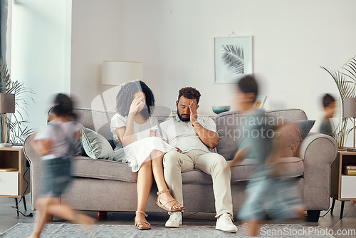 Image of Stress, couple and family with adhd children running fast in house living room or home interior. Man, woman and parents with burnout, depression and anxiety from autism, energy and mental health kids