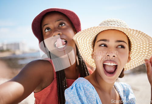 Image of Women, fun and comic face selfie by beach, ocean and sea in Miami, Florida nature background. Friends, fashion tourist or students on summer travel location holiday with funny social media photograph