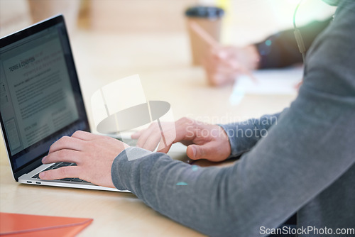 Image of Hands, laptop and businessman with digital contract for sales company, marketing startup or employee interview. Zoom, communication technology and internet form for legal management of creative brand