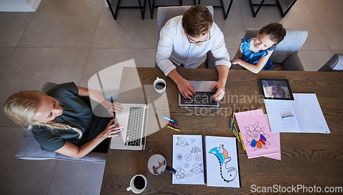 Image of Family, business and education by parents and child productive with remote homework and freelance work at table from above. Multitasking, homeschool and busy mother and father bonding with daughter