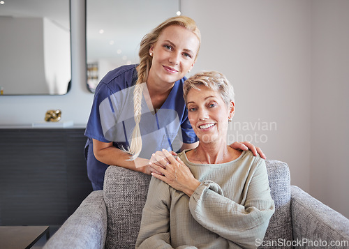 Image of Portrait of elderly woman with a nurse, bonding during checkup at assisted living home. Smile, support and happy mature patient relax and enjoy time with a loving, kind healthcare worker on a sofa