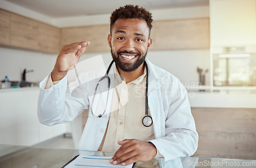 Image of Doctor, consulting and talk on video call in home office with paper documents, test results or hand gesture. Happy smile portrait of medical or healthcare wellness worker in insurance help telehealth