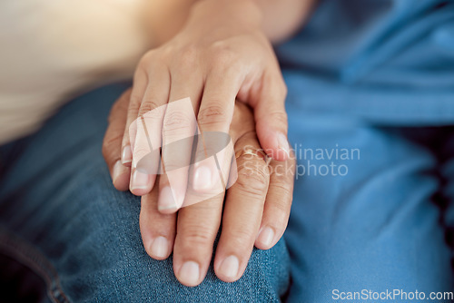 Image of Support, empathy and trust with holding hands of old woman and nurse in retirement home for hope, community and help. Therapy, respect and healthcare with hand of medical caregiver and senior patient