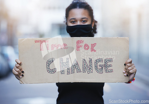 Image of Woman poster of climate change, environment support and to stop global warming, world revolution and planet justice. Protest portrait sign in fight for pollution crisis, future earth and human rights