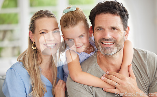 Image of Happy family, portrait and bonding on a sofa with girl relaxing with her parents in their home. Man and woman enjoying quality time with daughter indoors, cheerful and relax in their house together