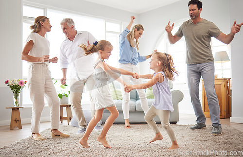 Image of Happy, dance and love with big family in living room together for crazy, energy and excited. Lifestyle, freedom and celebration dancing at modern home with parents, children and grandparents