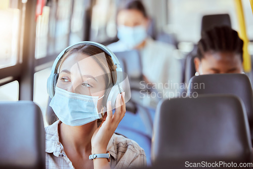 Image of Covid, bus and woman with face mask and headphones listening to podcast on safety compliance, freedom or health risk. Girl city travel or transportation and music for corona virus radio news update