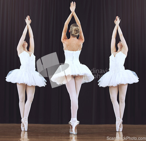 Image of Abstract dance performance by ballet team performing creative dancing routine on theater stage. Partnership, teamwork and dancer or prima ballerina women or working together on recital show