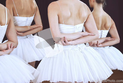 Image of Ballet, dance and art with back of women on stage for performance, theatre and training. Creative, motivation and dancing with elegant ballerina dancer for classical show, recital and movement