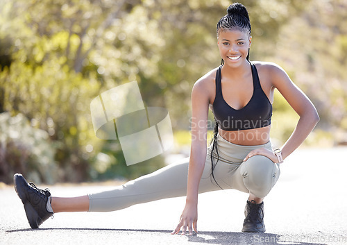 Image of Stretching legs, fitness portrait and black woman training for marathon in nature, running for cardio exercise and happy with workout in park during summer. Girl runner start with stretch for sport
