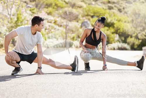 Image of Fitness personal trainer couple stretching legs for exercise goal, motivation and accountability. Training instructor and athlete woman, client or sports people workout for healthy body or wellness