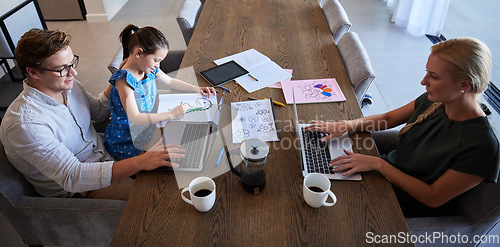 Image of Man, woman and child in home office with laptop, paper documents and kids study homework. Top view of family, mother and father with learning girl working on startup business and children education