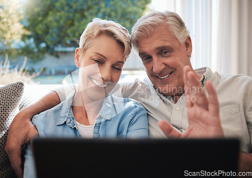 Image of Senior couple, laptop and video call greeting in living room talking, communication and speaking on sofa at house. Elderly, love and retirement man and woman on family home pc wifi video conference
