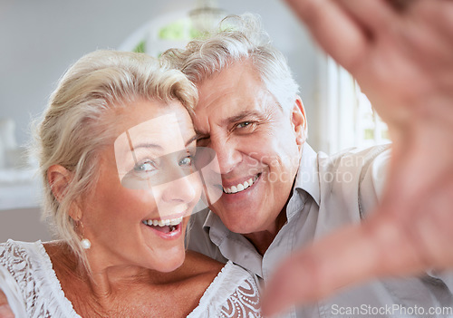 Image of Face selfie, senior couple and love smile in retirement in home interior. Portrait, happy elderly and retired romantic man and woman life partners with care, fun and trust, support or affection.