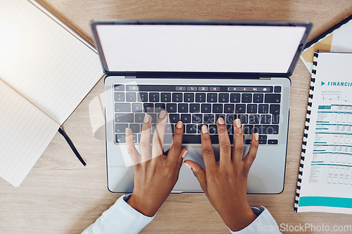 Image of Financial advisor hands typing on laptop, black woman working in online accounting, banking and credit score audit. Investing stock market technology, planning finance savings and trading budget data