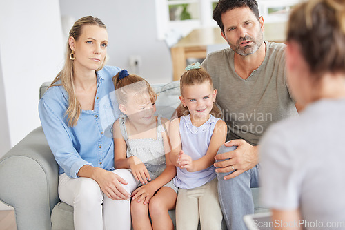 Image of Family counseling from home, parents worry and listen to therapist to get help issue for children. Talking to counselor about a problem can help kids mental health, school results and social behavior