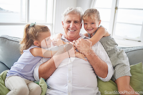 Image of Happy family hug, love and grandfather with children, youth or grandkids playing together, bonding and have fun. Happiness and portrait of senior grandparent with kids relax on home living room sofa