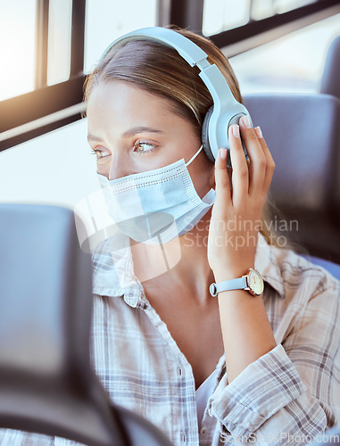 Image of Covid, face mask or headphones on woman in bus for city travel, public transport or location commute. Thinking, fashion or relax student in virus compliance listening to podcast, radio or music audio