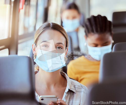 Image of Woman, covid and mask on bus with phone for travel safety public transport commute. Portrait, health and healthcare female with ppe, corona protection and social media, online 5g mobile and web app.