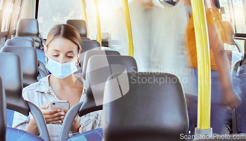 Image of Covid, phone and woman bus mask for travel protection from sickness in pandemic health crisis. Global virus and girl passenger public commute safety for infection and illness prevention.