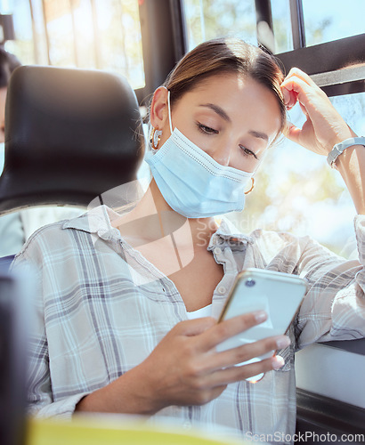 Image of Covid face mask, transport and woman with smartphone reading news online in bus and sunshine lens flare. Travel person with cellphone on mobile chat app, social media or internet information on train