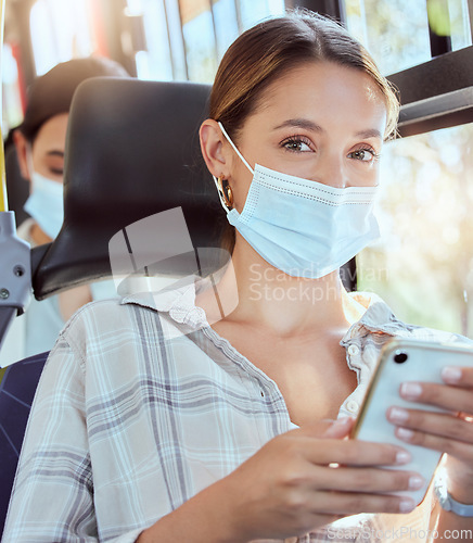 Image of Covid, bus and mask portrait with smartphone for public commute digital entertainment online. Girl travelling with pandemic protection for social distance and enjoying 5g mobile connection.