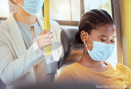 Image of Covid, health black woman travel on bus smiling, social distancing for safety in pandemic virus. Happy women diversity of people on car transport during a commute to work, university or home covid 19