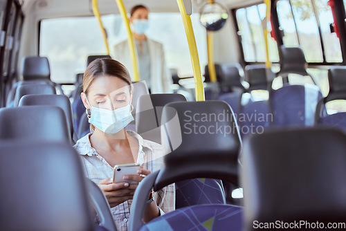 Image of Covid, travel and phone social media with mask for illness prevention on public bus trip. Safety protocol girl face protection online with mobile app for transport leisure entertainment.
