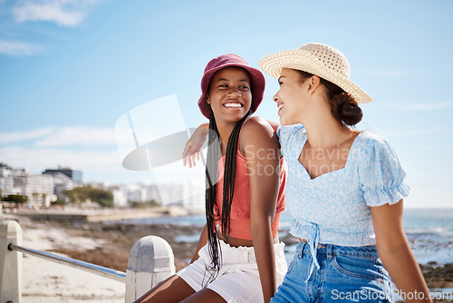 Image of Beach smile, travel summer and friends happy on a holiday in nature of Miami, excited about vacation time together and talking by the ocean. Mockup of African women in communication by the sea