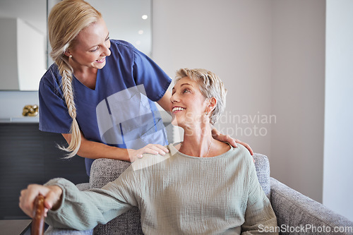 Image of Nurse, healthcare and retirement with a senior woman and carer in a home for health, care and wellness. Medical, insurance and assisted living with an eldery female patient and a caregiver inside