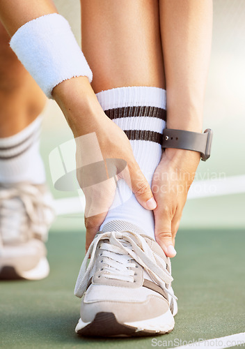 Image of Sports, fitness and pain on woman ankle injury from exercise, training or fitness accident on sport court. Zoom of girl athlete health risk, muscle injury or wound from workout at sport club.