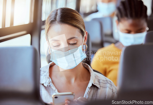 Image of Covid, travel and woman with mask on bus with phone with, social media, communication or networking on transport. Girl, digital or mobile app for safety compliance, health or 5g network or smartphone