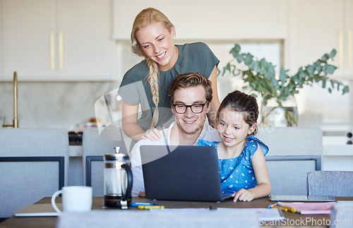 Image of Family, laptop and distance learning child or parent working from home on internet for educational games or remote work at home table. Mother, father and a little girl with wifi to enjoy subscription