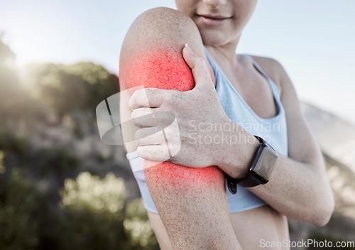 Image of Sports injury, arm pain and a woman outside during exercise holding sore body muscle after fitness training and workout with glowing red anatomy. Runner female athlete sore and need arthritis relief