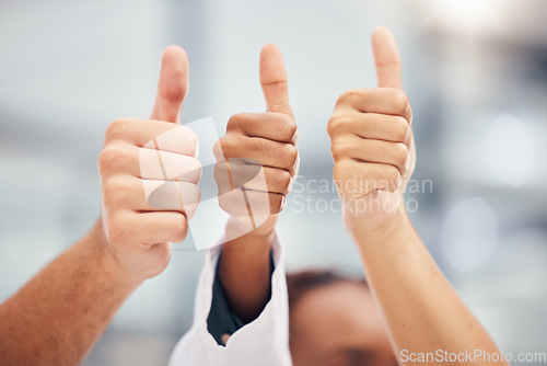 Image of Yes, success or thank you thumbs up hand sign of workers happy about work goal or target completion. Winner, teamwork agreement or team win of business people with diversity and motivation together