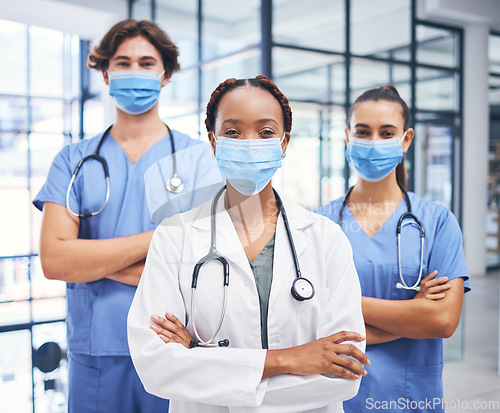 Image of Team of medical doctors, covid hospital healthcare response and cardiology staff diversity. Corona virus disease clinic, young professional nurse and proud expert surgeon in protection face mask