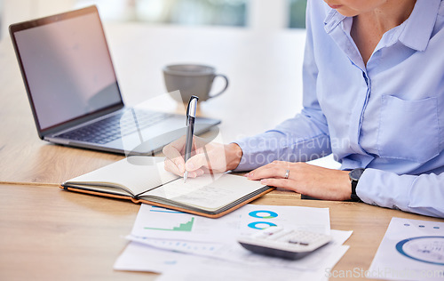 Image of Notebook, manager and business woman writing in book with financial, KPI and schedule planning in office. Strategy, tax and brainstorming idea for innovation, creative and economy data or growth.