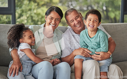 Image of Love, happy family and children bonding with grandparents on sofa at home, laugh and having fun in their family home. Relax, play and excited kids embracing and enjoying a visit to grandparent home