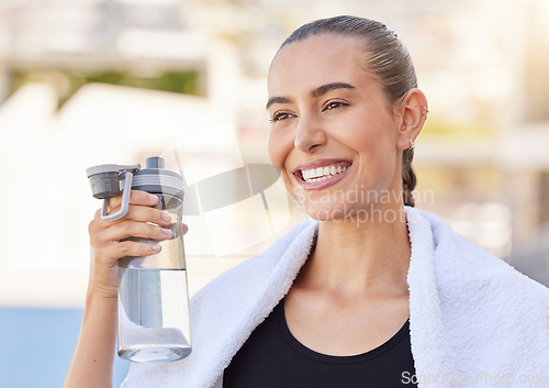 Image of Fitness, athlete woman with water bottle for her exercise or outdoor workout with sunshine and a smile, Young sports person drink water during training for healthy lifestyle, wellness and body goal