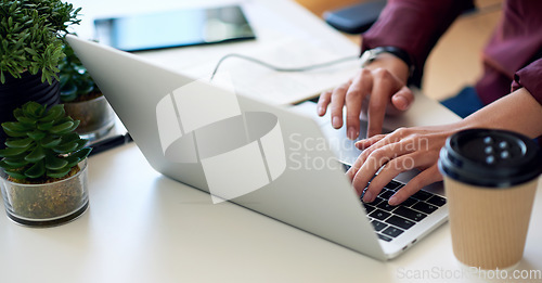 Image of Laptop, office and business woman hands typing on keyboard for email, internet search or copywriting in marketing or social media management. Productivity and person with tech website administration