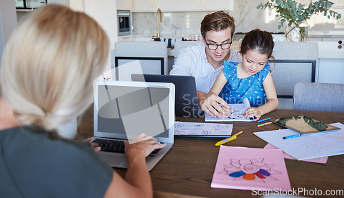 Image of Laptop screen, work from home with family, parents and children for productivity, work life balance and learning together at table. Remote work of business woman mother with father and kid drawing