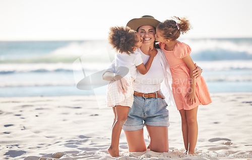 Image of Mom, kiss or children bonding on beach in Portugal in trust, security or love hug. Smile, happy or support parent with girls, kids or family on relax holiday, mothers day or summer break by ocean sea