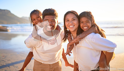 Image of Family, beach vacation and smile of kids and parents having fun during piggyback ride game on summer travel holiday. Portrait of man, woman and girl children together for bonding trip in Indonesia