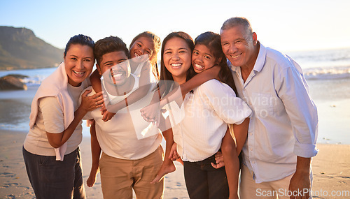 Image of Big family, beach vacation and bonding of kids with parents and grandparents on travel holiday and trip to Indonesia with love and smile. Portrait of men, women and girl children of multi generation