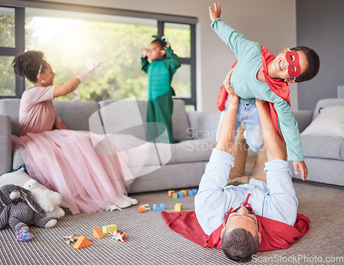 Image of Family, parents and play costume with children for fun bonding and entertainment in home together. Excited, happy and young mother and father enjoy fantasy role play weekend game with kids.