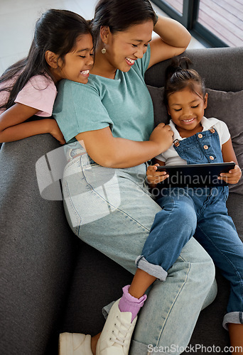 Image of Relax, mother and streaming on tablet with children for entertainment on sofa in cozy family home. Philippines mom bonding with young kids watching internet cartoon together on video app.