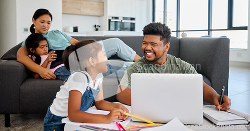 Image of Happy, family and fun learning in education with technology together in living room bonding happiness at home. Parents sitting with kids teaching, relaxing and homeschooling with fun smile for work